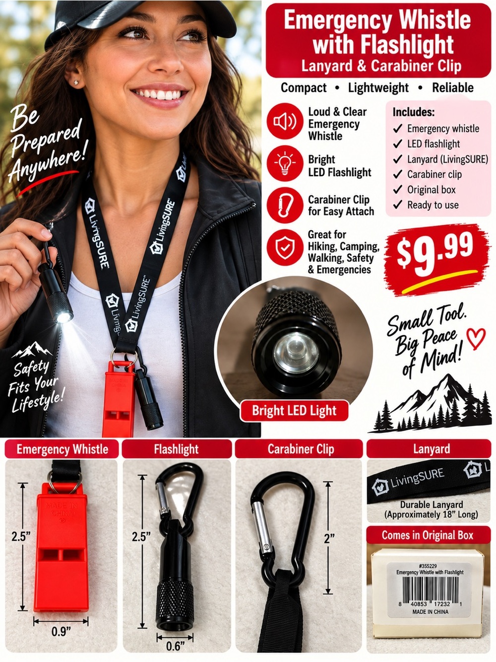 Emergency Whistle with Flashlight and Lanyard - Black & Red